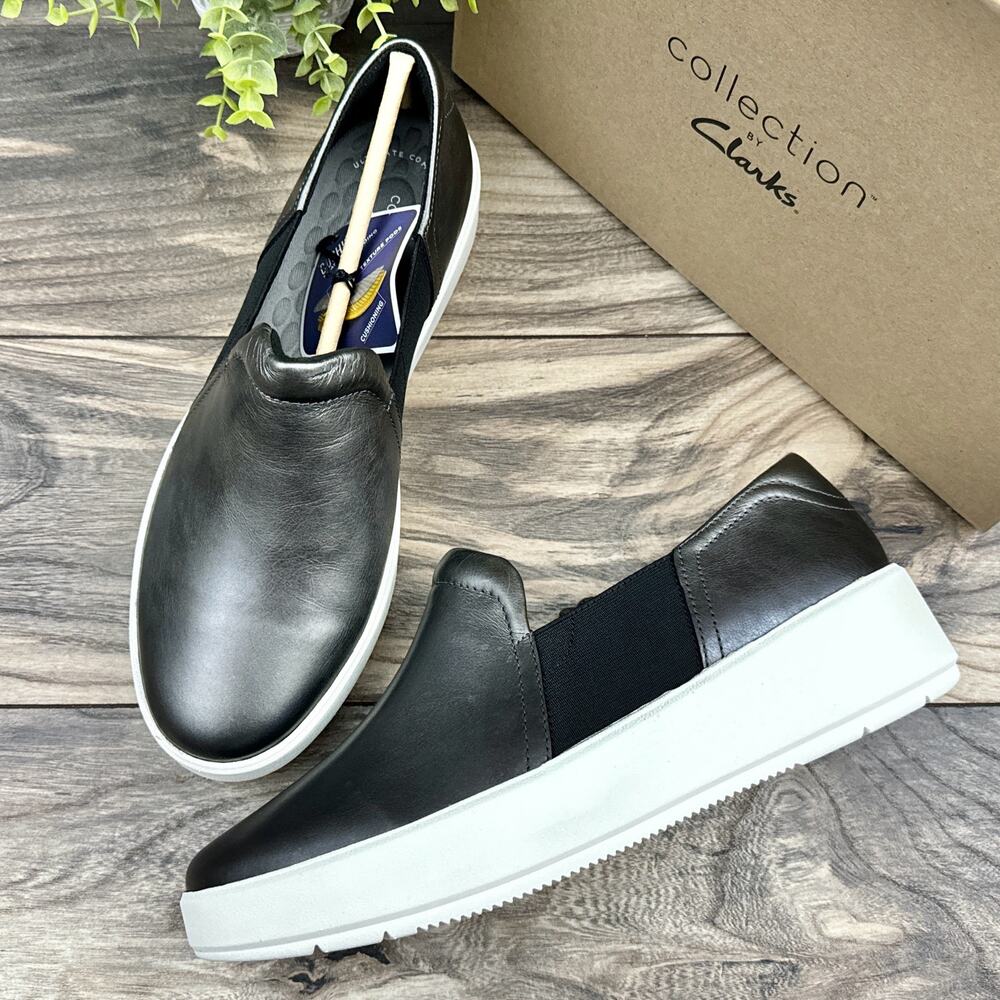 ❌SOLD❌NIB CLARKS 9 Wide Width Layton Band Slip On Leather Platform Sneakers - Picture 1 of 12